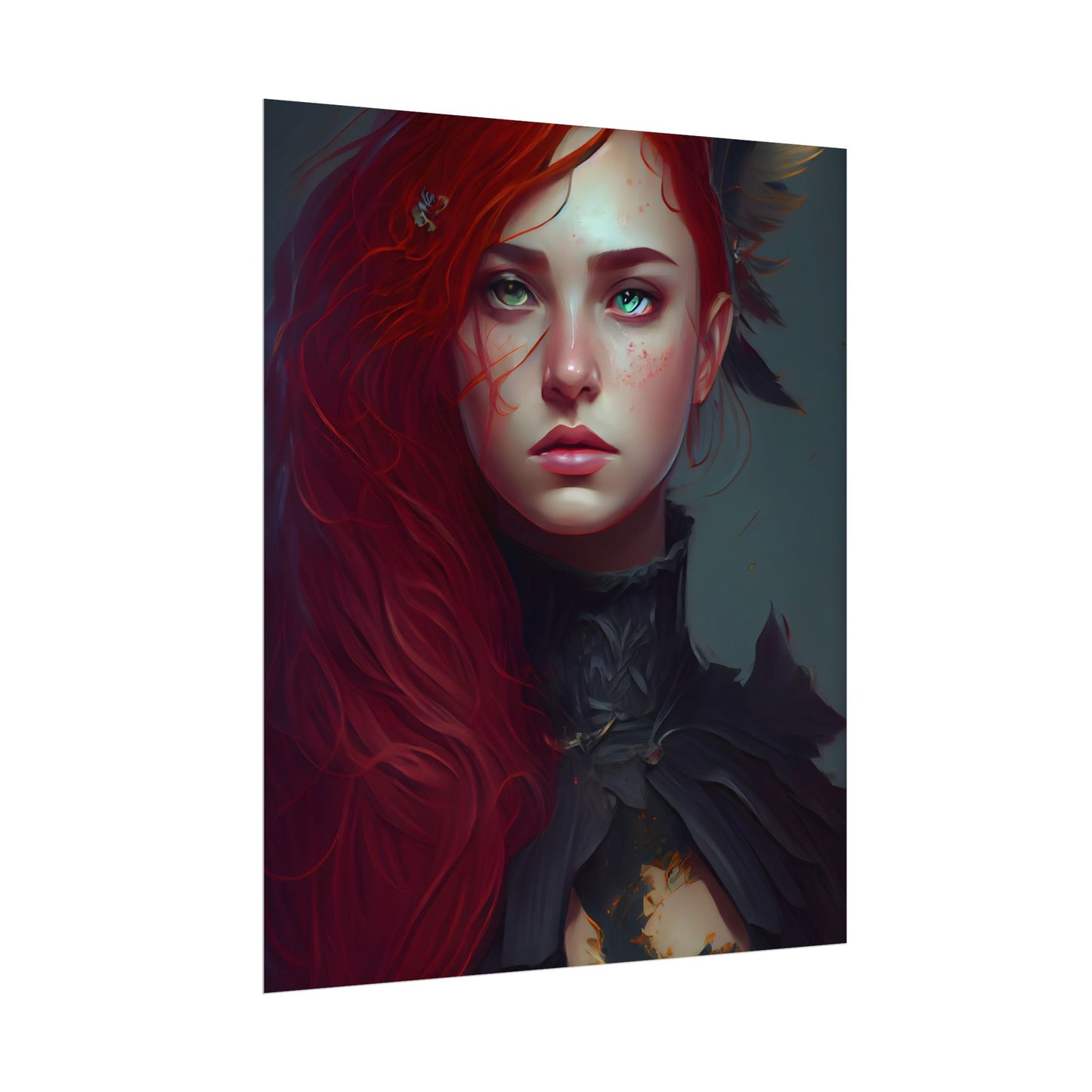 Vibrant Female Portrait: Red Hair Beauty in Neutral Dress - Poster