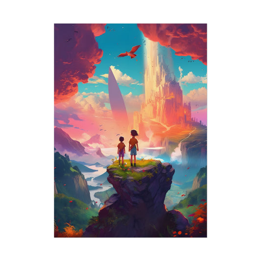 Peaceful Meadow Landscape: Girl and Boy on Cloudy Hill - Poster