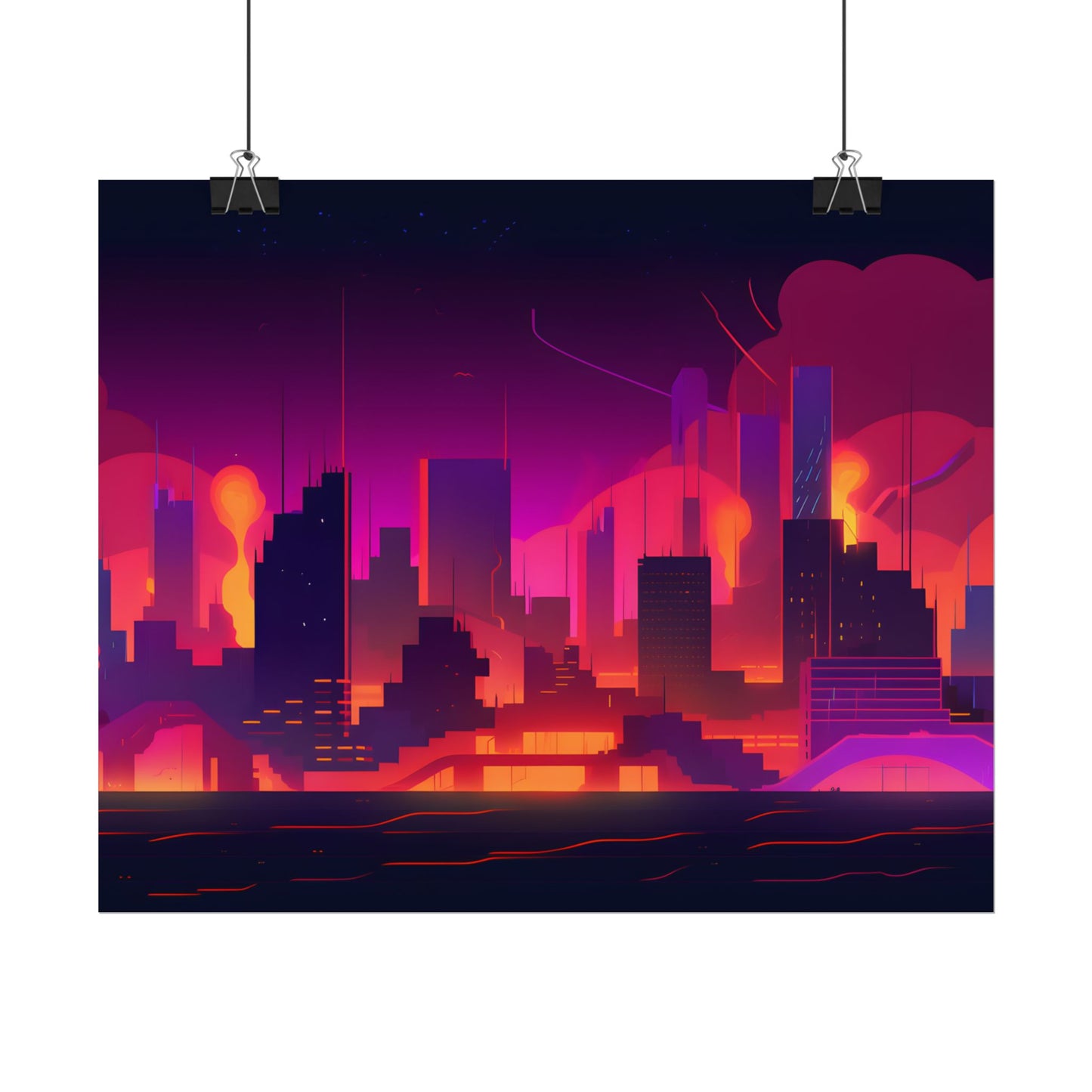 Burning Cyberpunk Cityscape: Nighttime Digital Artwork - Poster