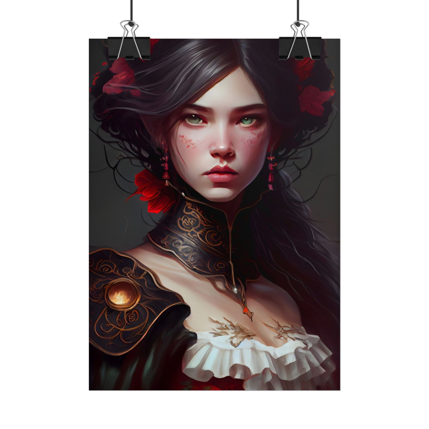 Elegant Black Hair Portrait in White Dress - Poster