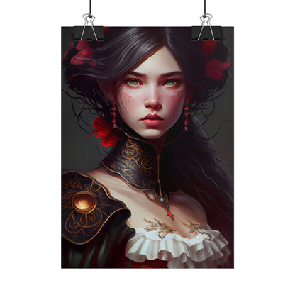 Elegant Black Hair Portrait in White Dress - Poster