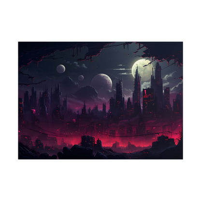 Burning Cyberpunk Cityscape at Night: Digital Art - Poster