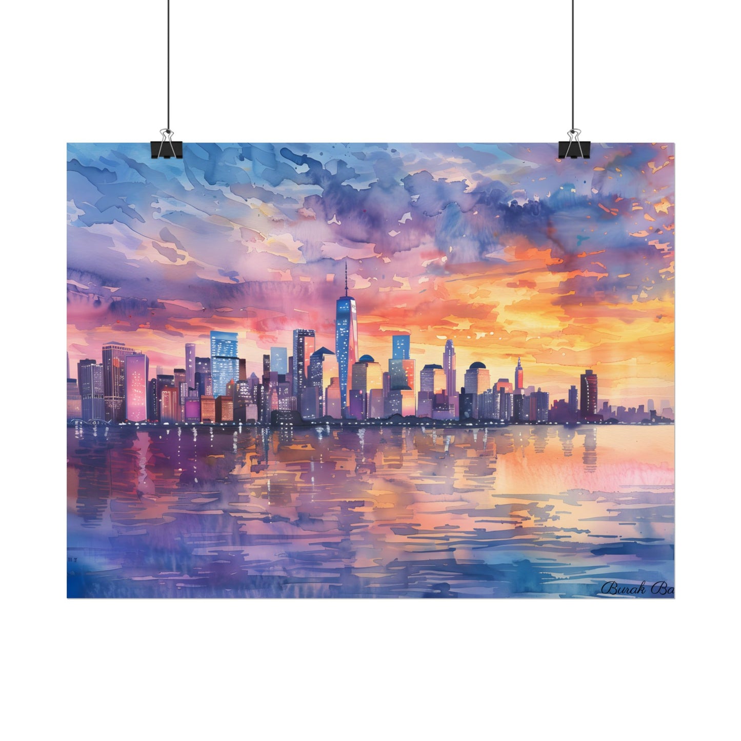 Serene NYC Sunset: Watercolor Skyline Reflections - Poster