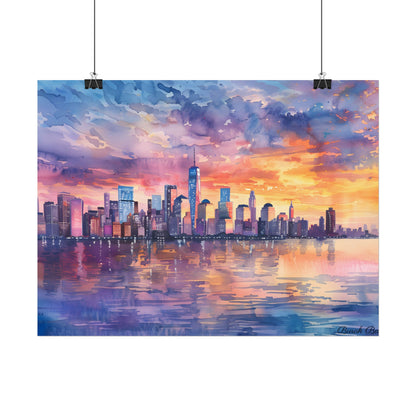 Serene NYC Sunset: Watercolor Skyline Reflections - Poster