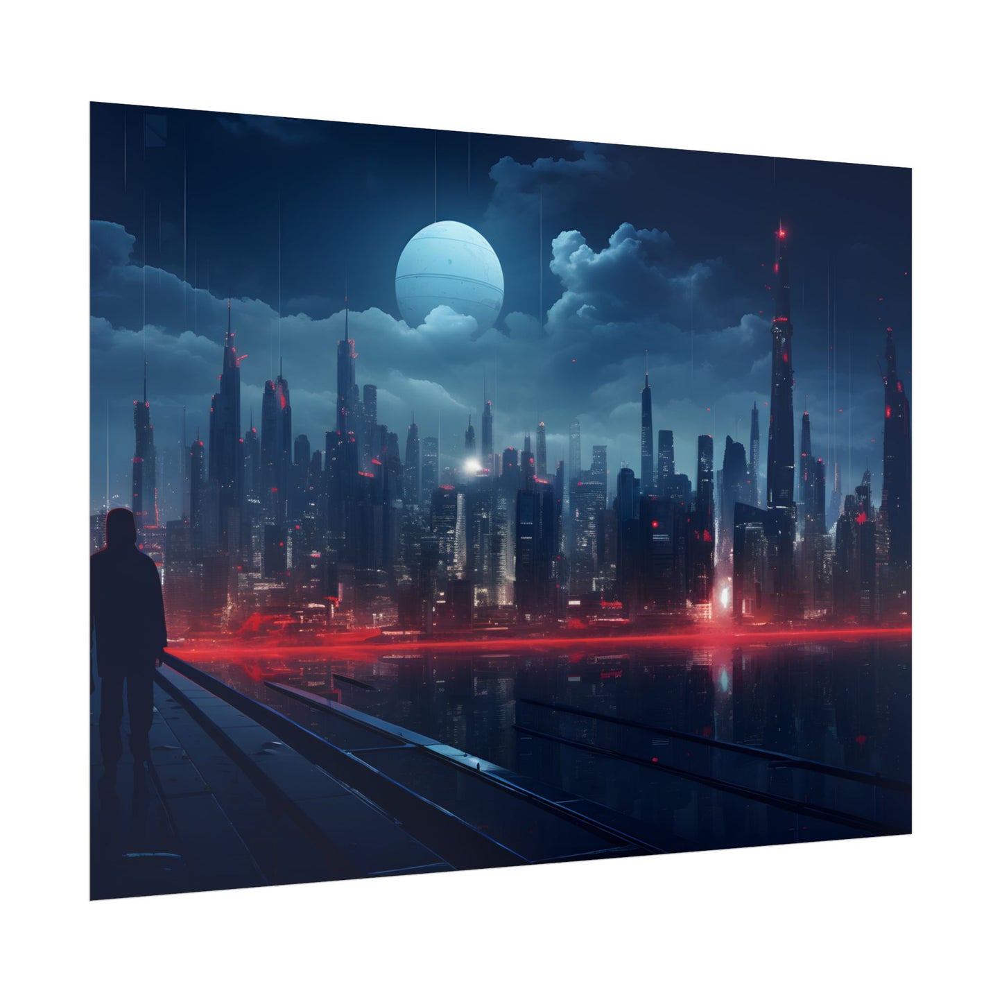 Melancholic Night: A Solo Figure in Cyberpunk Cityscape - Poster