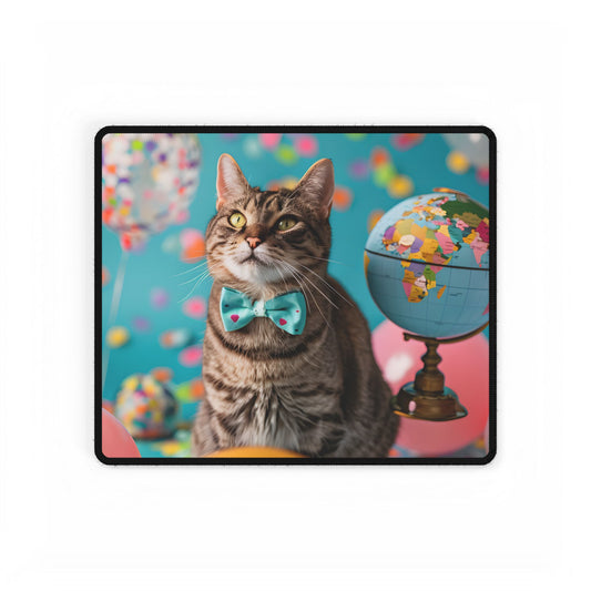 Whimsical Cat with Bow Tie: Mysterious Feline Artwork - Desk Mat