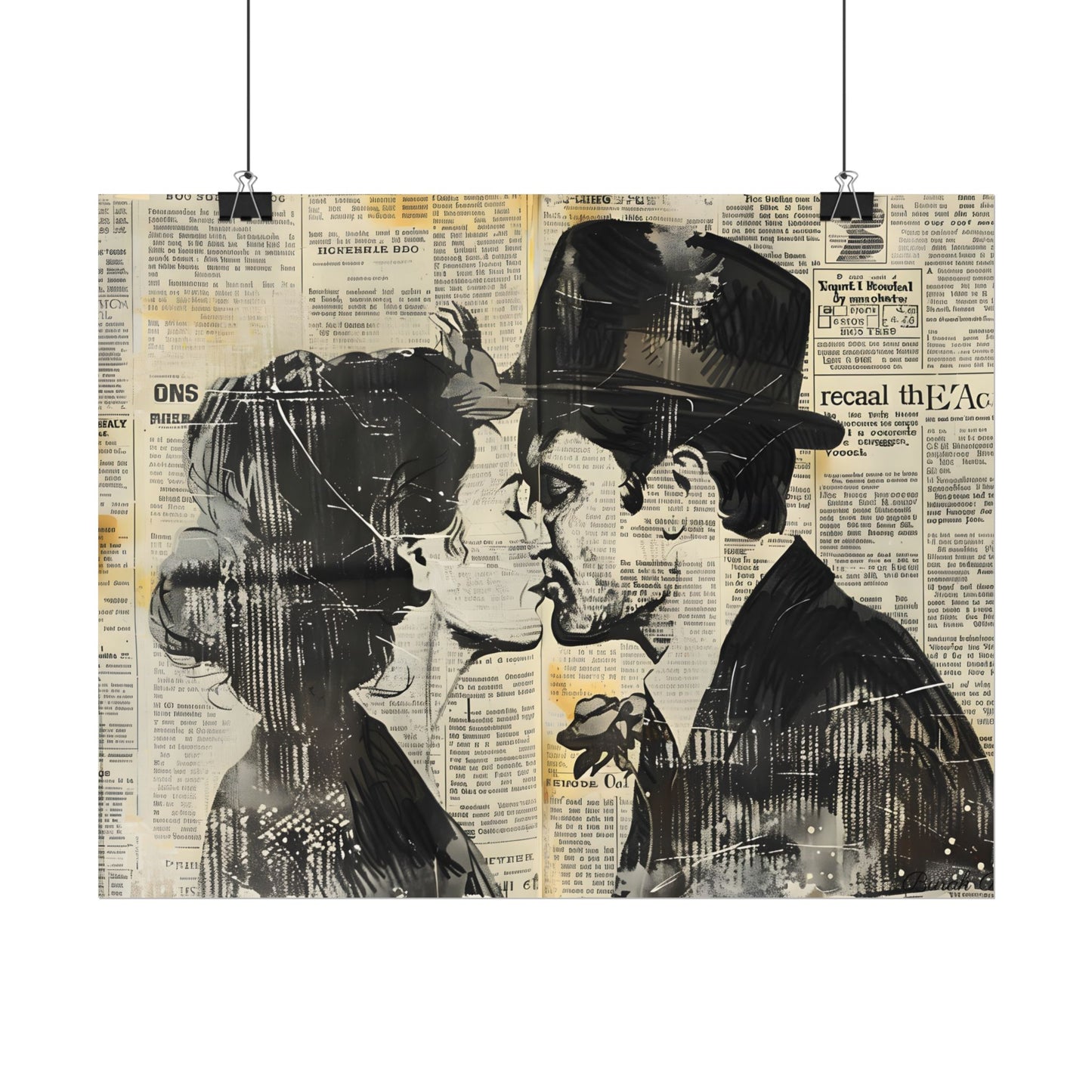 Vintage Romance Couples: Newsprint Artwork - Intimate Moments - Poster