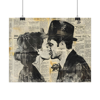 Vintage Romance Couples: Newsprint Artwork - Intimate Moments - Poster
