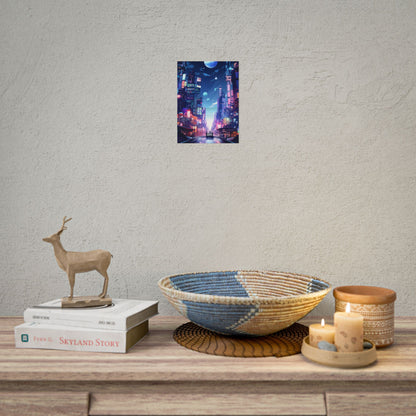 Melancholic Night in Cyberpunk City: Urban Landscape Art - Poster