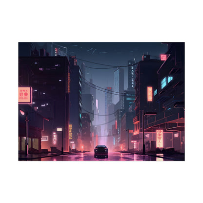 Cyberpunk Night: Melancholic Urban Landscape Artwork - Poster