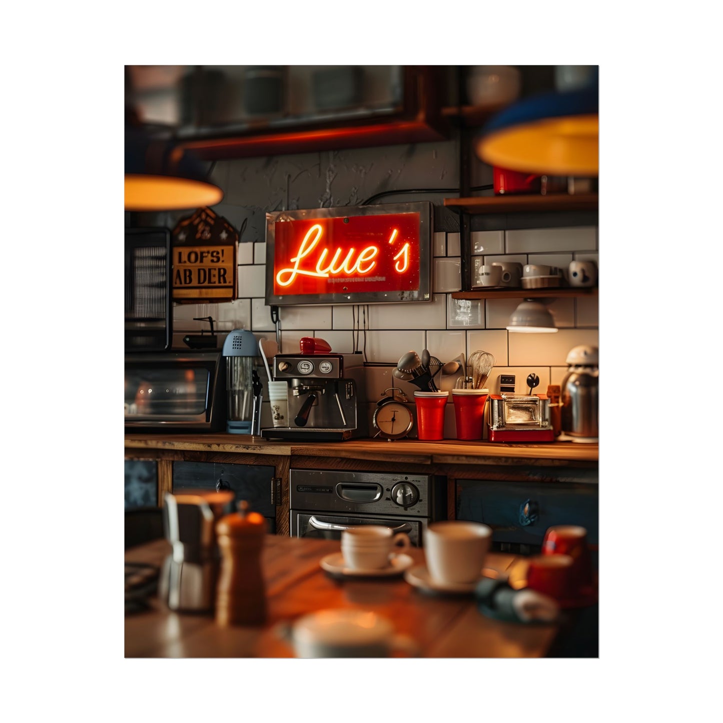 Cozy Retro Kitchen Artwork: Lukes Diner Sign Digital Art - Poster