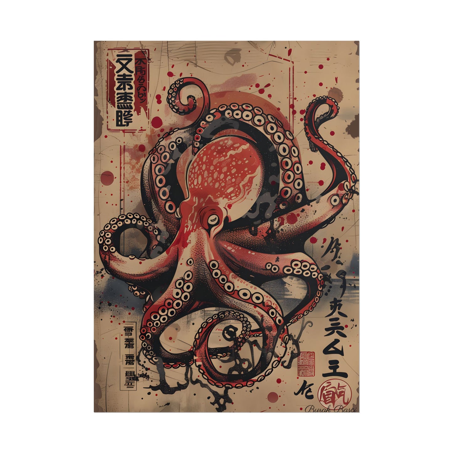 Stylized Octopus in Ukiyo-E Style: Japanese Artwork - Poster