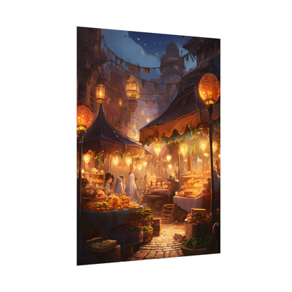 Magical Street Food Market: A Colorful Nighttime Scene - Poster