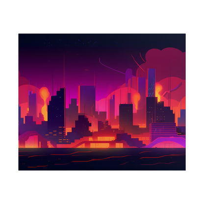 Burning Cyberpunk Cityscape: Nighttime Digital Artwork - Poster
