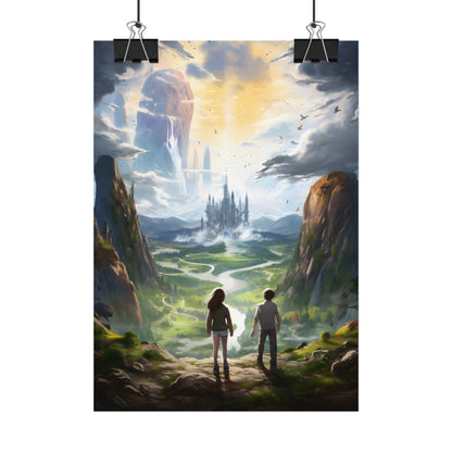 Girl and Boy in Serene Meadow: A Moment on Cloudy Hill - Poster