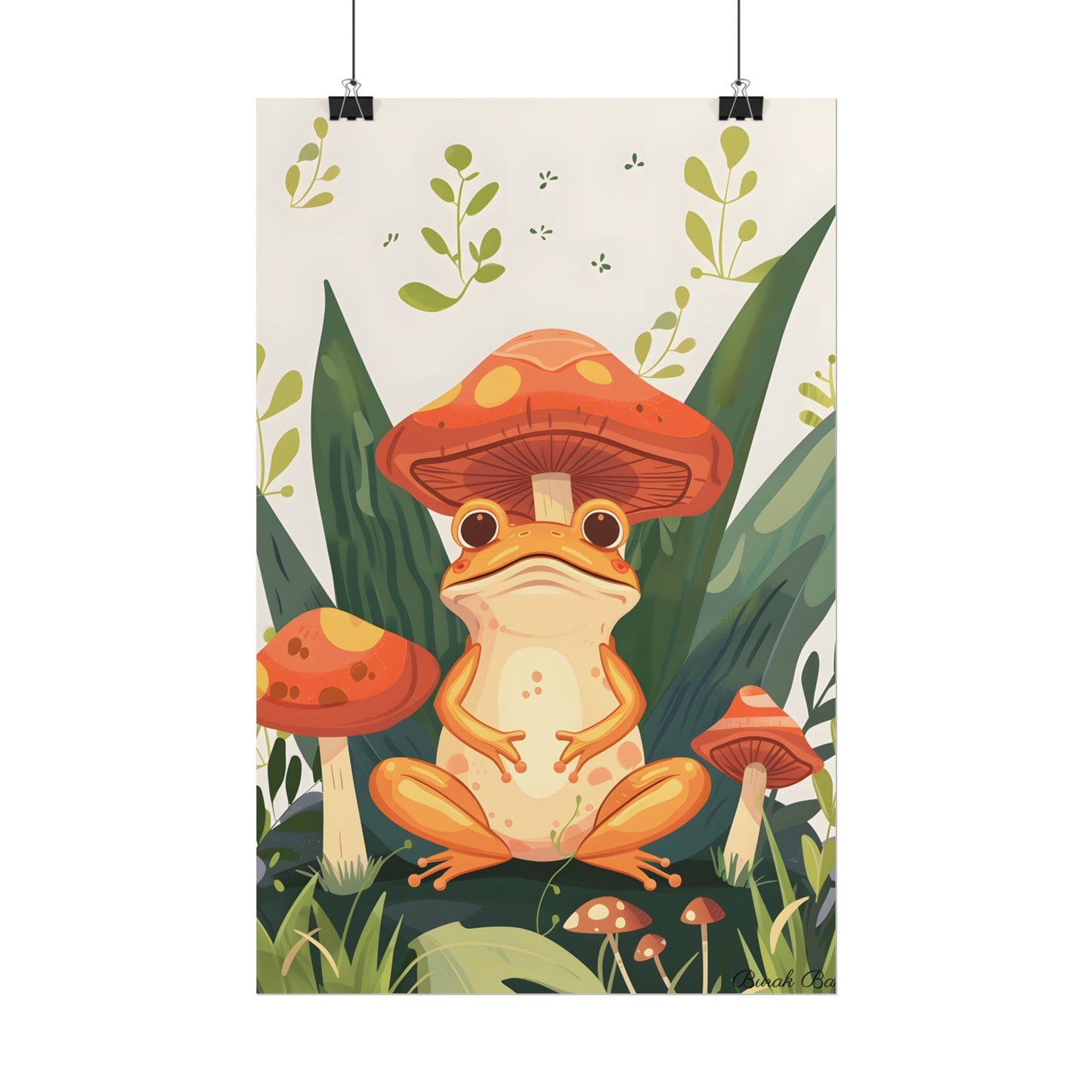 Retro Whimsy: Frog & Mushrooms in Close-Up Charm - Poster
