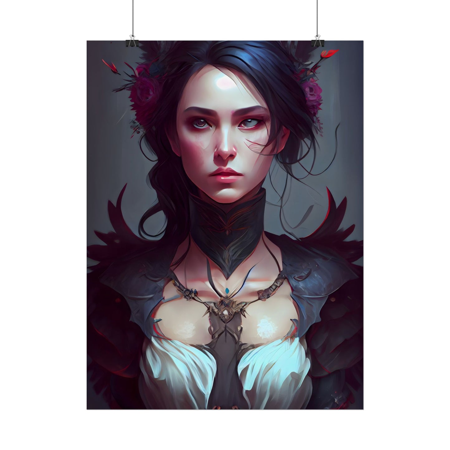 Enchanting Female Portrait: Elegant Black Dress Artwork - Poster