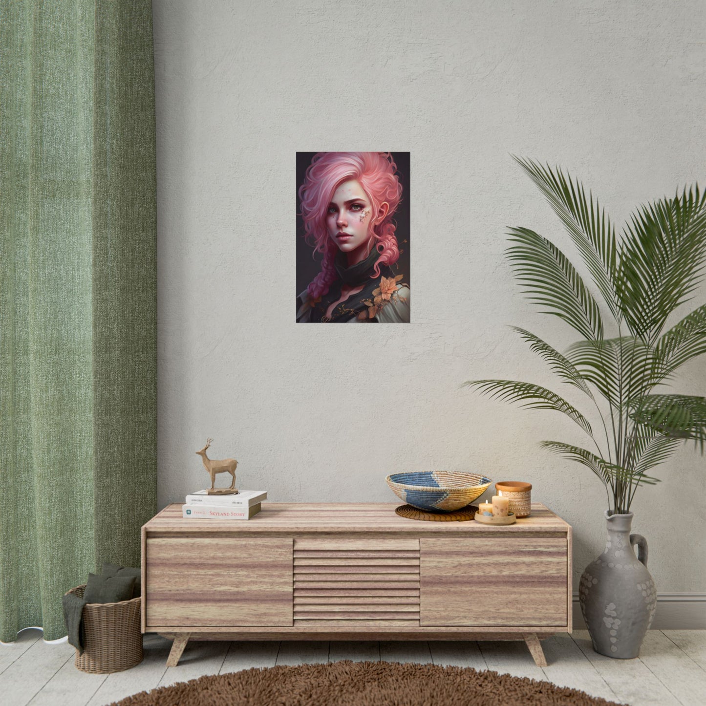 Astonishing Female Portrait: Vibrant Pink Hair in Dark Elegance - Poster