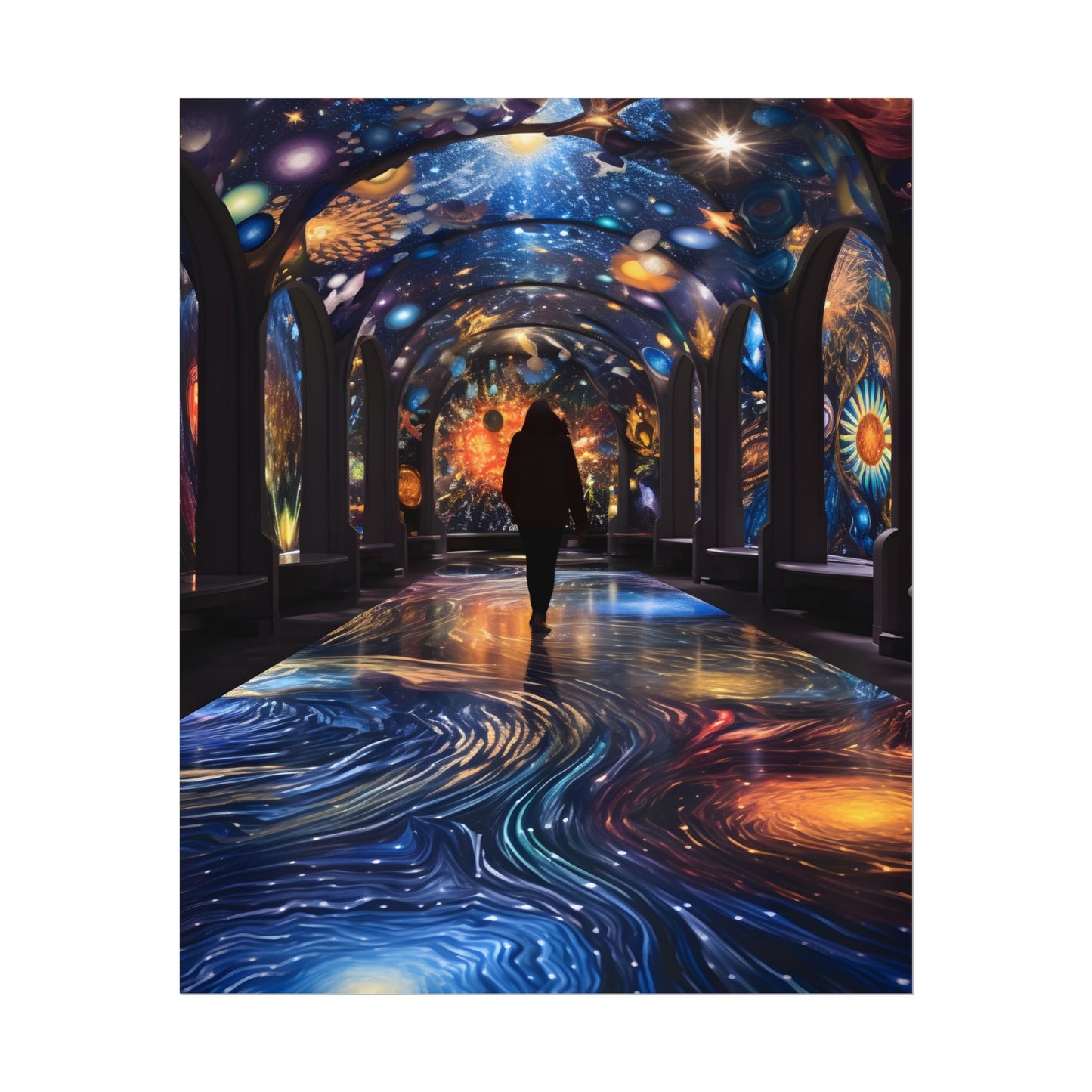 Celestial Art Gallery: Vibrant Space-Themed Artwork in a Colorful Interior - Poster