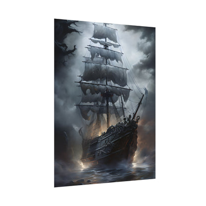 Ghostly Pirate Sails: Abandoned Ship at Sea - Poster