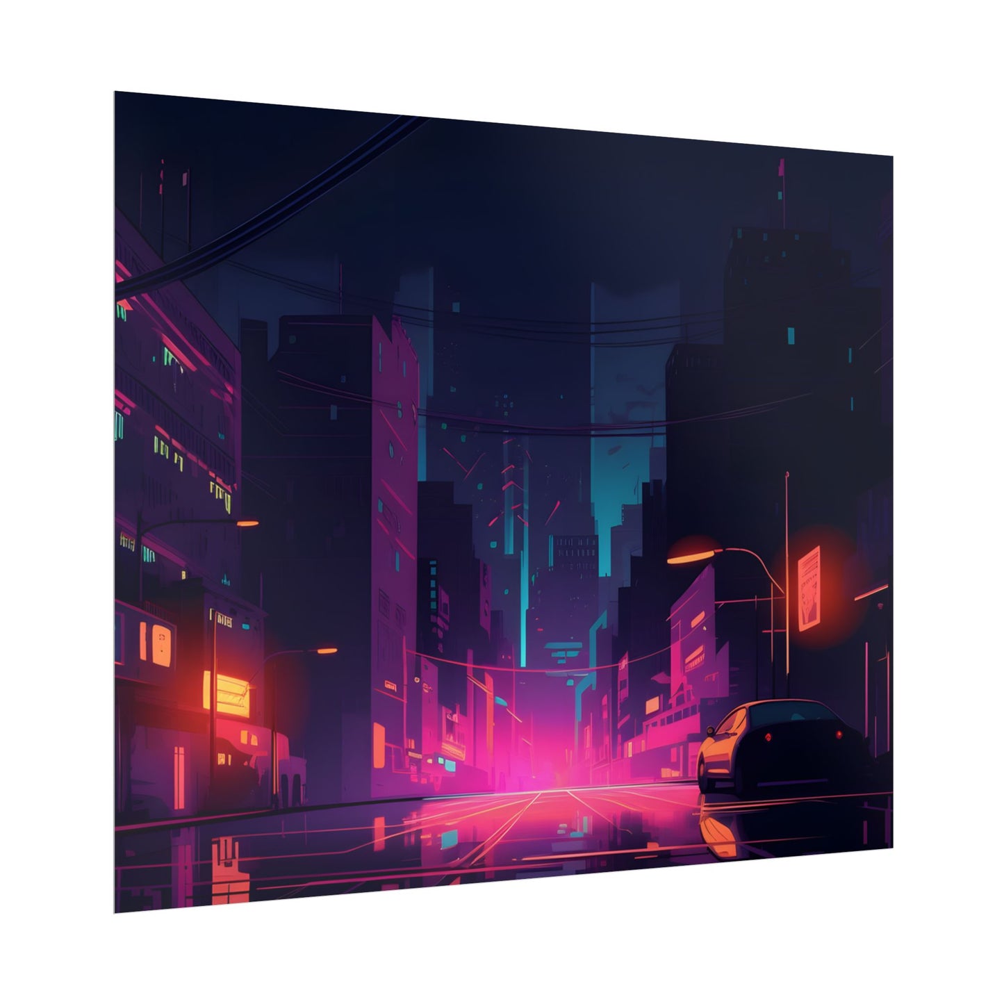 Cyberpunk Night: Moody Cityscape with Unique Architecture - Poster