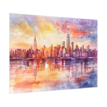 Watercolor Sunset New York City Skyline: Beautiful Artwork - Poster