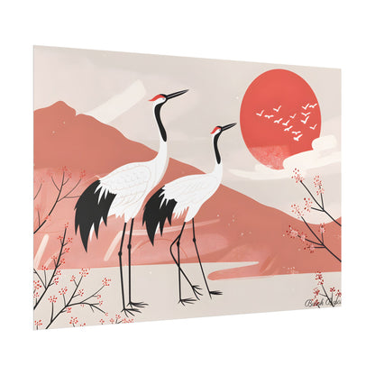 Serene Landscape with Cranes: Peaceful Nature Art - Poster