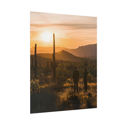 Desert Sunset Serenity: Two Friends Standing Together - Poster