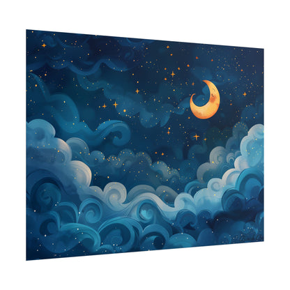 Surreal Night Sky Dreamscape: Whimsical Stars and Clouds Art - Poster