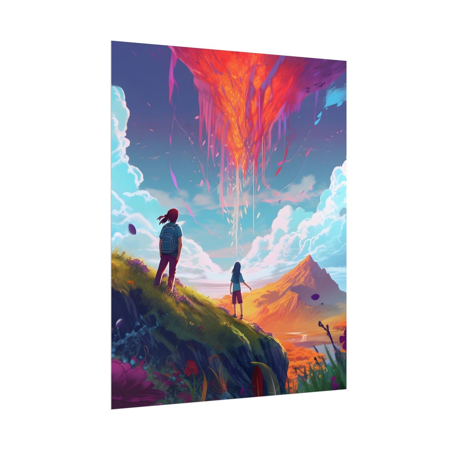 Children's Serene Moment: Meadow Under a Cloudy Sky - Poster