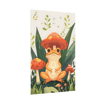 Retro Whimsy: Frog & Mushrooms in Close-Up Charm - Poster