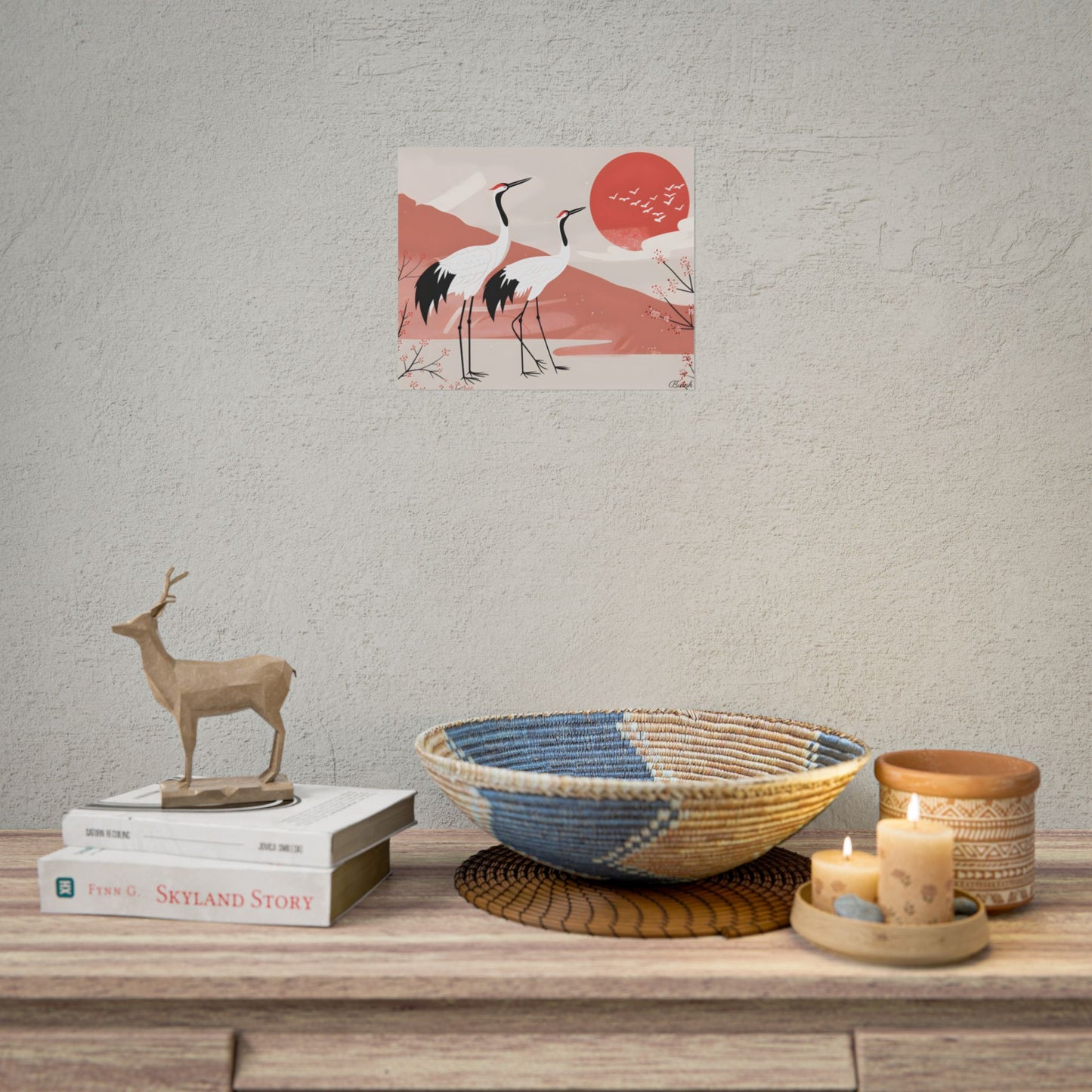 Serene Landscape with Cranes: Peaceful Nature Art - Poster