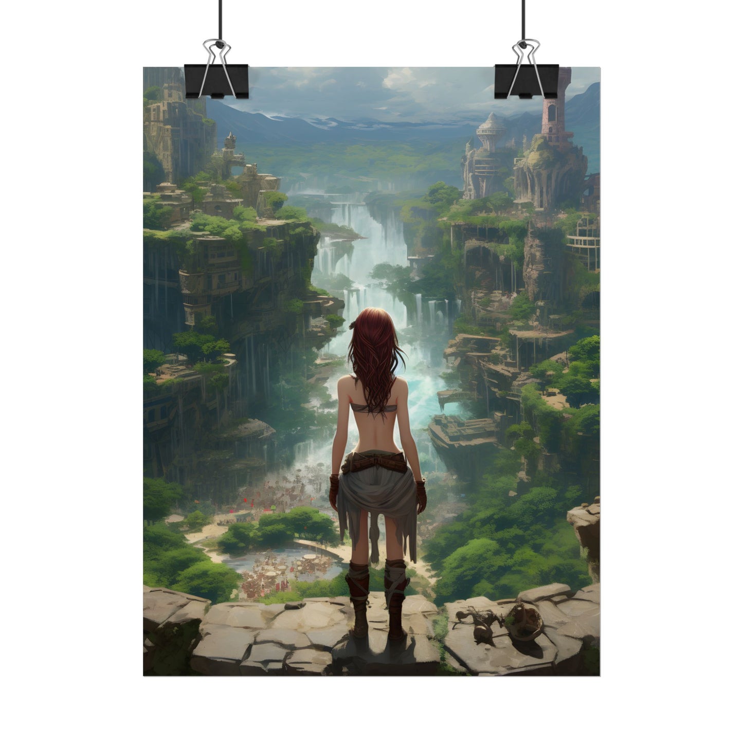 Dramatic Birds Eye View: Red Haired Anime Girl in Urban Landscape - Poster