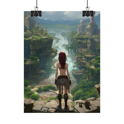 Dramatic Birds Eye View: Red Haired Anime Girl in Urban Landscape - Poster