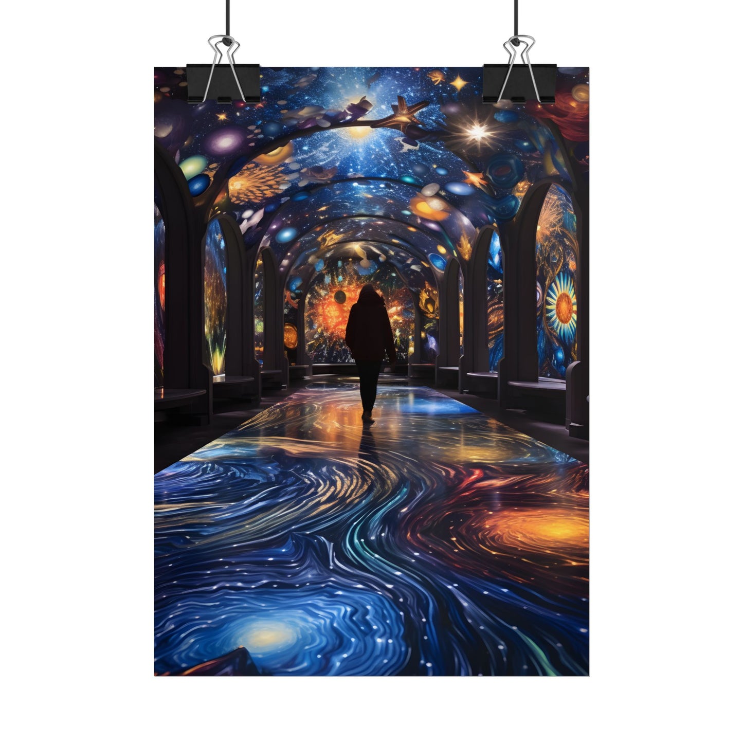 Celestial Art Gallery: Vibrant Space-Themed Artwork in a Colorful Interior - Poster