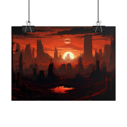 Cyberpunk Nighttime Cityscape: Burning City Digital Art - Poster