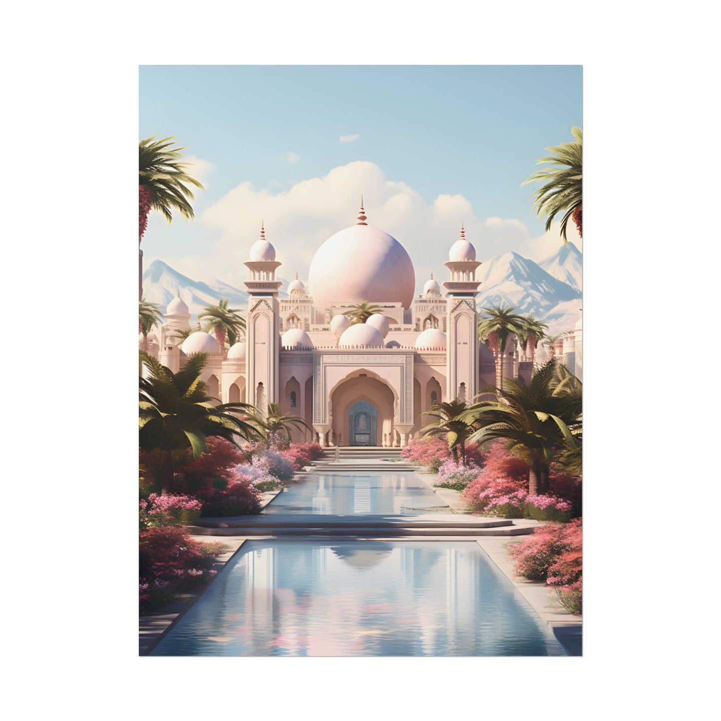 Serene Arabian Desert Oasis: Camels in a Palm Tree Landscape - Poster