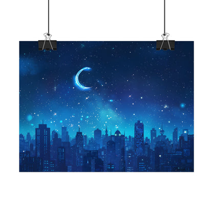 Peaceful Night Sky with Crescent Moon: Starry Digital Art - Poster