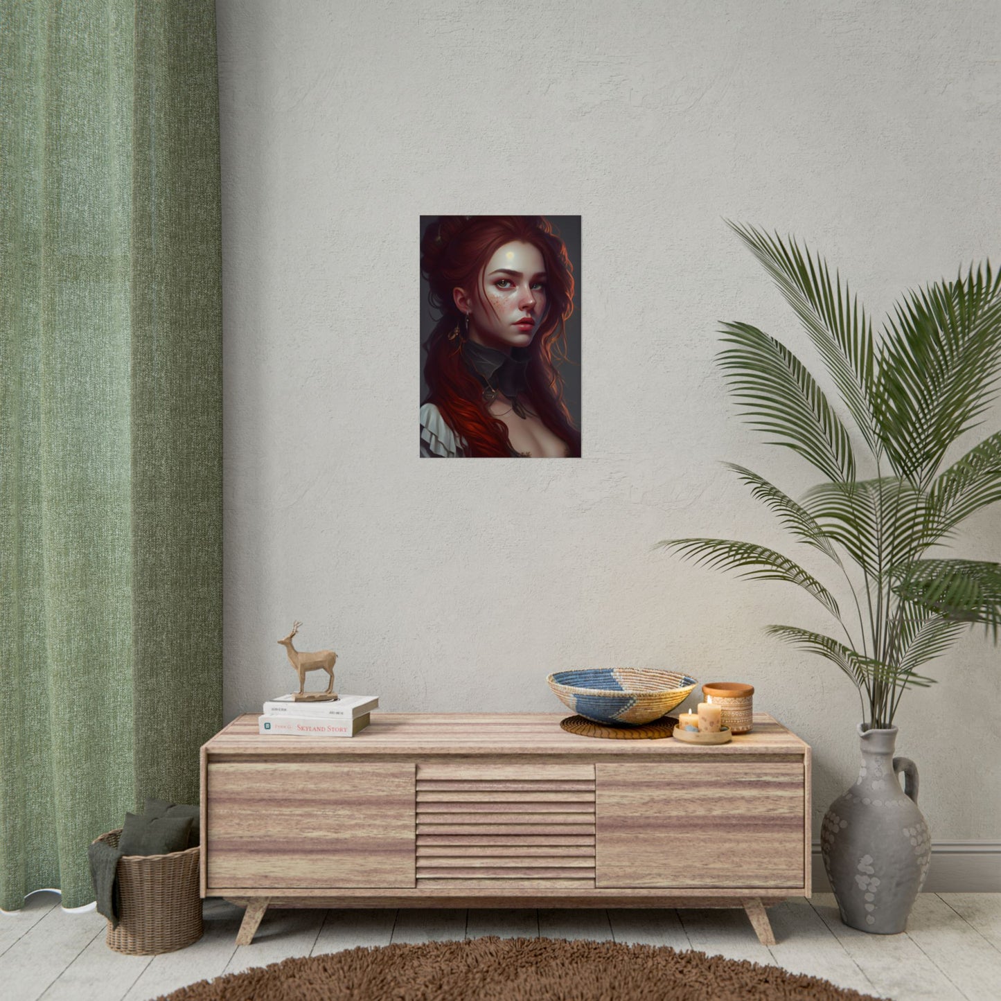Formal Redhead Portrait: Nature-Themed Artwork in Green and Blue - Poster