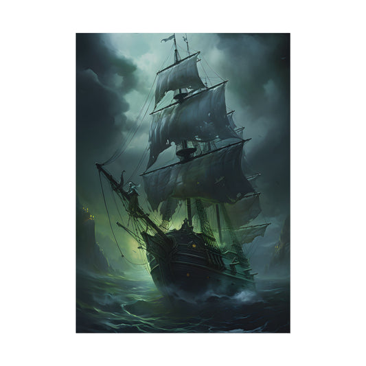 Ghostly Pirate Ship at Twilight: Eerie Ocean Art - Poster