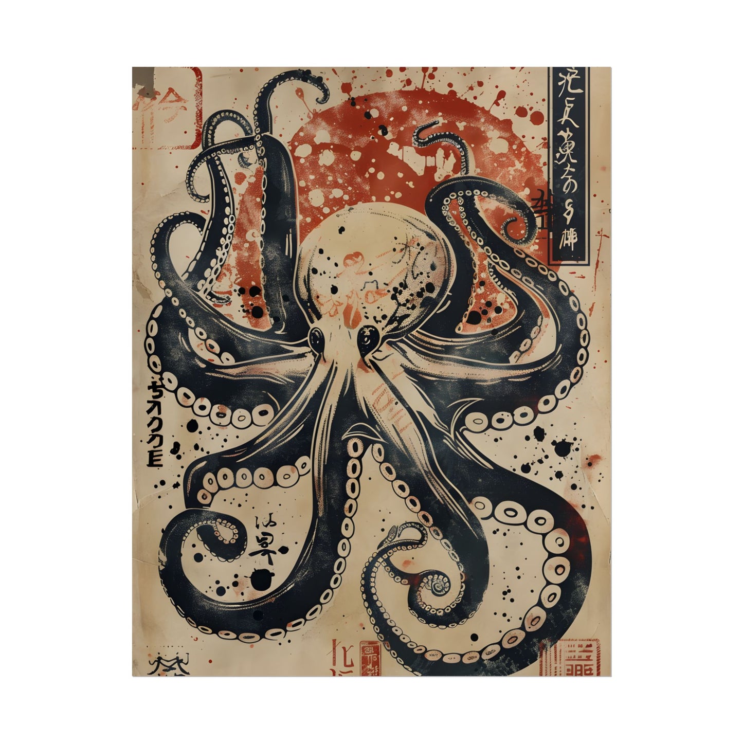 Stylized Octopus: Vibrant Japanese Ukiyo-E Artwork - Poster