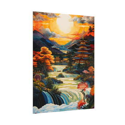 Peaceful Japanese River Landscape with Flowers: Serene Artwork - Poster