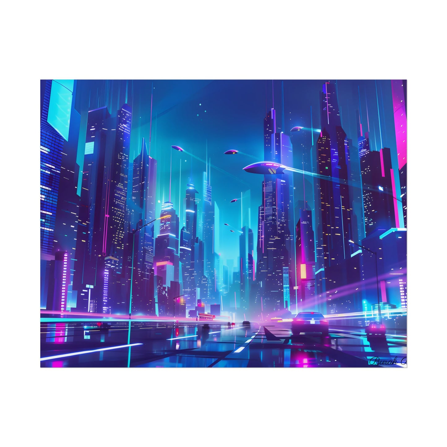Futuristic Neon City: Towering Skyscrapers in a Vibrant Nighttime Sky - Poster