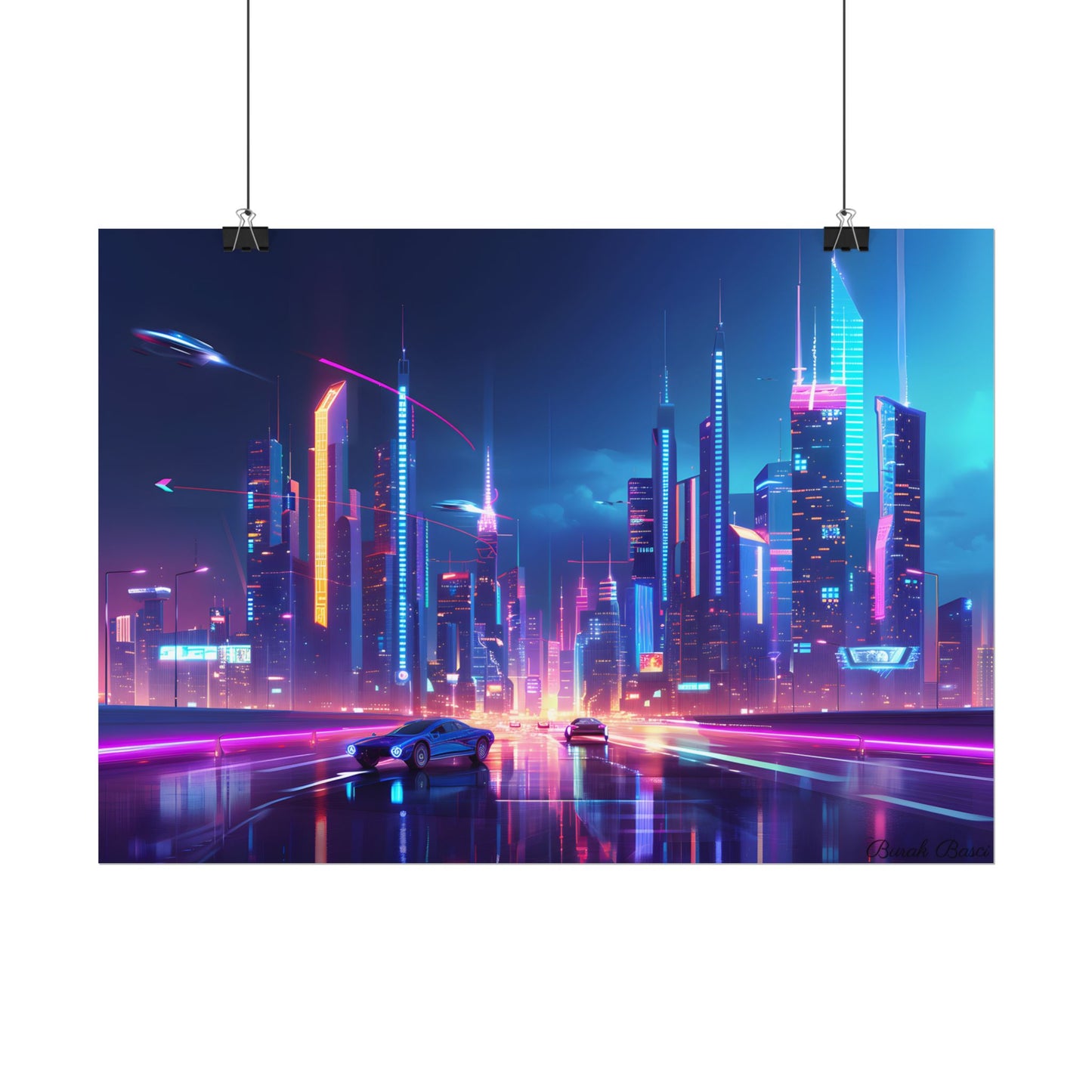 Futuristic City Glow: Neon Lights Digital Art - Poster