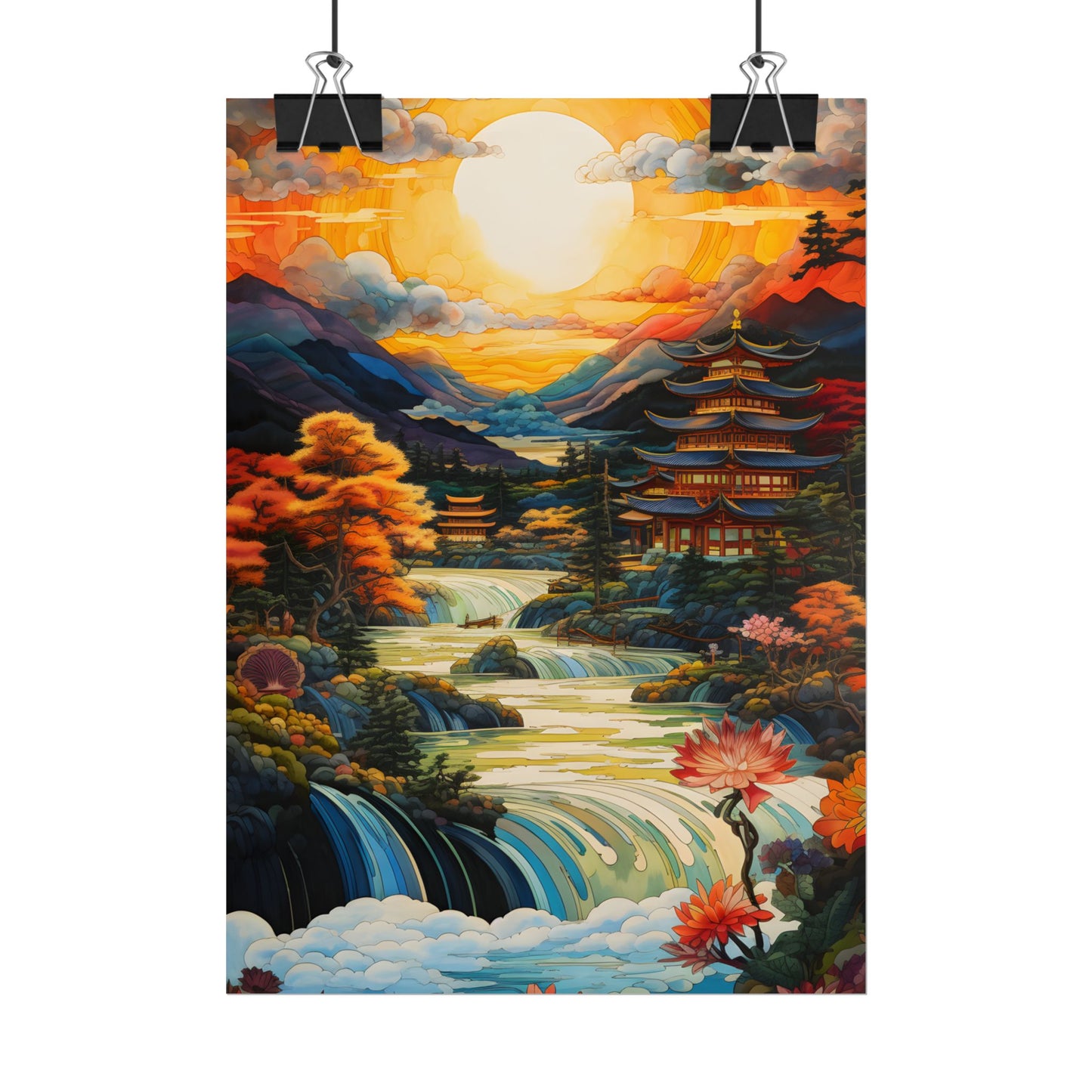 Peaceful Japanese River Landscape with Flowers: Serene Artwork - Poster