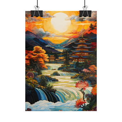 Peaceful Japanese River Landscape with Flowers: Serene Artwork - Poster