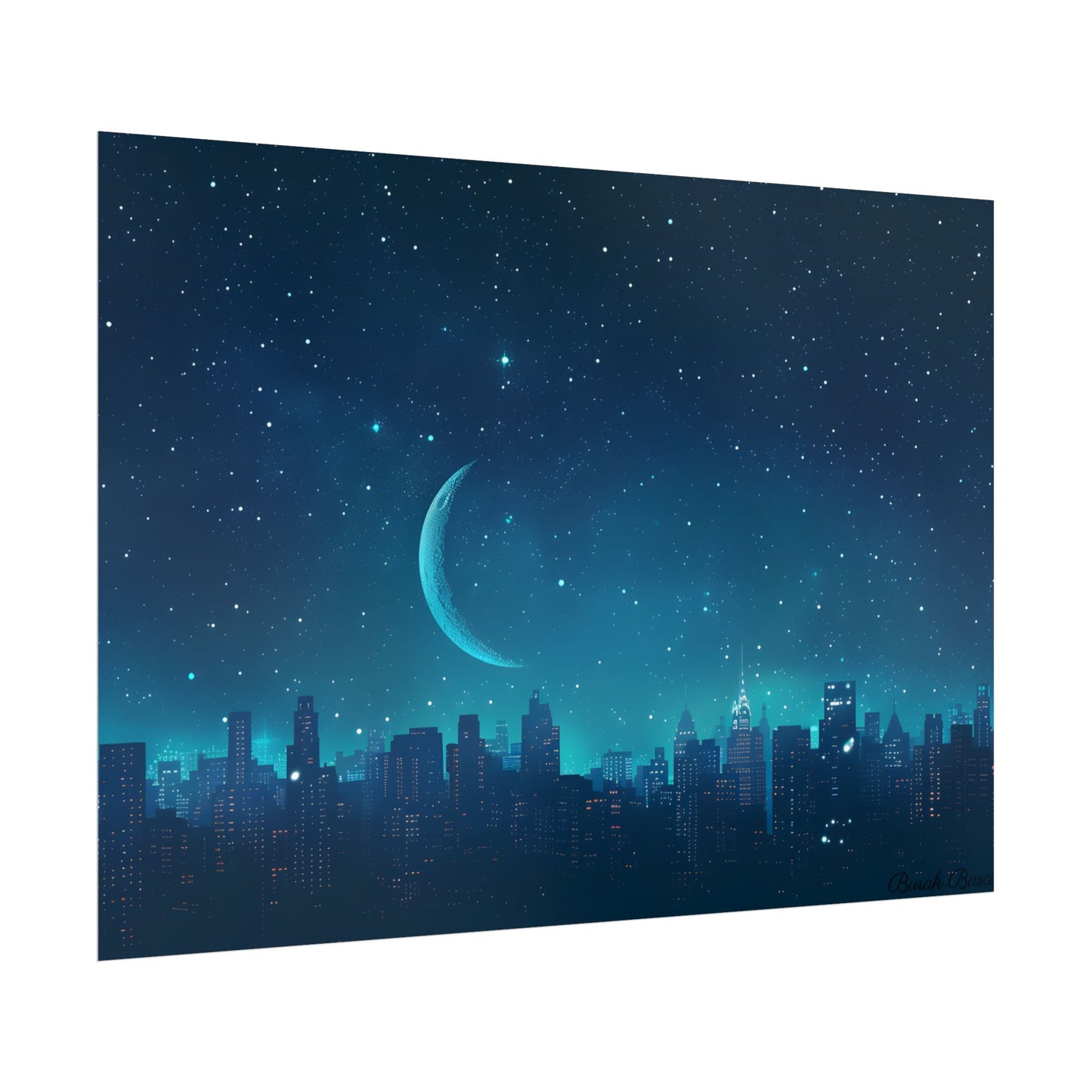 Starry Night Sky: Tranquil Dark Blue Scene with Crescent Moon - Poster