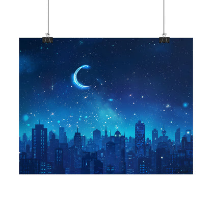 Peaceful Night Sky with Crescent Moon: Starry Digital Art - Poster