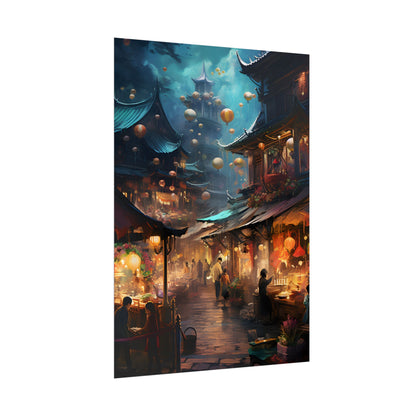 Enchanted Street Food Market: Vibrant Evening Artwork - Poster