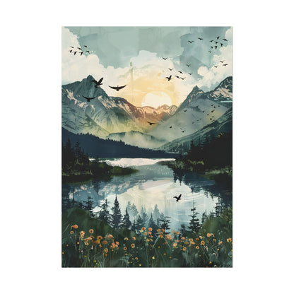 Serene Mountain Lake: Birds in Flight - Natural Art - Poster